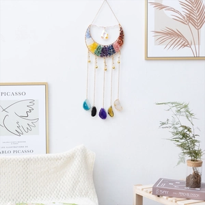 Bohemian crescent moon wall decor with colorful natural healing crystals and agate slices
