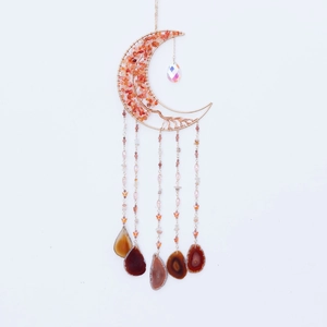 Red Tree of Life crescent moon suncatcher with crystal ball and agate slices