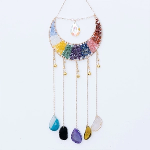 Moon-shaped gold wire tree of life wall hanging with colorful crystals and agate slices