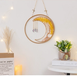 Handmade Tree of Life crystal crescent moon wall hanging with yellow gemstones
