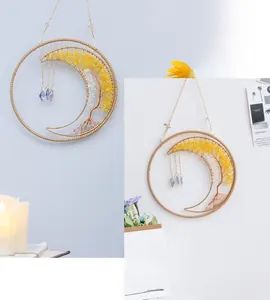 Moon-shaped Tree of Life wall hanging with yellow crystals and purple drop pendants