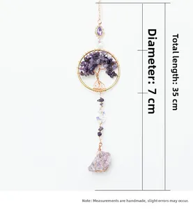 Vue détaillée du pendentif arbre de vie en améthyste, 7cm de diamètre et mesures