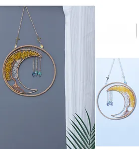 Moon shaped tree of life wall hanging with yellow crystals and blue prism pendants