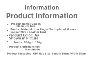 Detailed specifications card for handmade Golden Moon Tree of Life decor, 36x25cm size