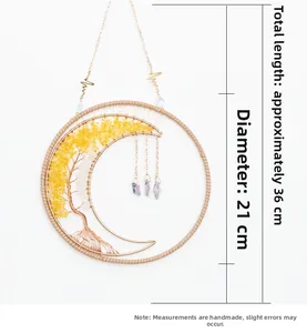 Detail view of handmade moon-shaped tree of life wall hanging with purple crystal drops