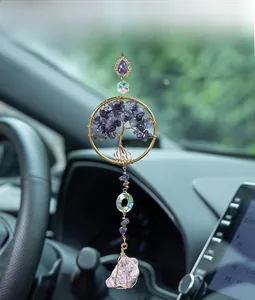 Pendentif voiture arbre de vie bohème avec améthystes violettes et cristaux