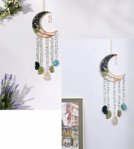 Moon shaped suncatcher with natural agate slices and crystal stone inlay decor
