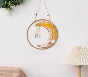 Handmade crescent moon wall hanging with crystal chips and life tree woven wire design