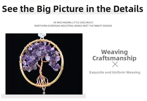 Détail du pendentif de voiture Arbre de Vie fait main avec améthystes et fil de métal doré