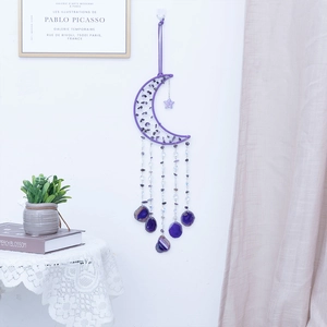Bohemian purple amethyst moon dream catcher wind chime with natural agate slices wall decor
