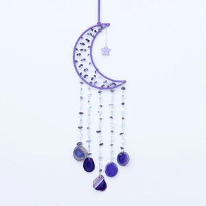 Amethyst moon dream catcher wall hanging with natural crystal stones and agate slices