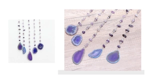 Close-up of natural purple agate slice pendant with crystal stone beads and metal chain