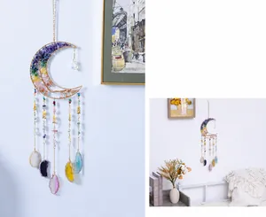 Detailed moon dream catcher featuring colorful crystal stones and purple agate slices