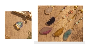 Detailed view of colorful natural agate slices and crystal prisms for home decor