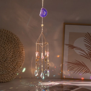 Crystal Suncatcher Purple Agate Slice Amethyst Raw Stone Geometric Metal Wind Chime Rainbow Maker Hanging Decor