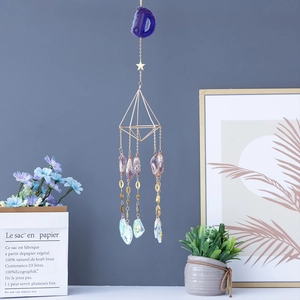 Bohemian purple agate and crystal suncatcher with golden geometric metal frame