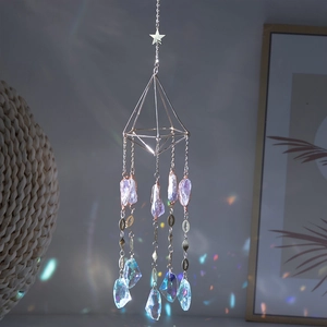 Golden geometric crystal suncatcher with purple amethyst raw stone and rainbow prism ball