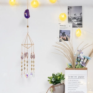 Bohemian crystal suncatcher with purple agate slice and geometric gold stars for home decor