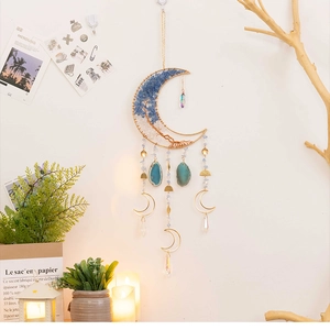 Moon-shaped dream catcher with life tree design and crystal stone pendant wall decor