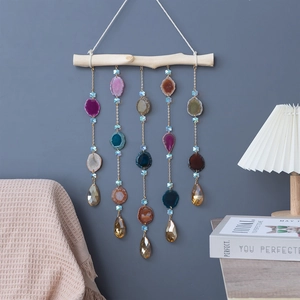 Natural Agate Slice Wall Hanging Decor Suncatcher With Wood Stick Gold Metal Chain Crystal Beads Boho Home Window Ornament