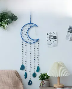 Blue crescent moon dreamcatcher detail with natural agate slices and gemstone beads