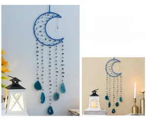 Detail of blue moon dream catcher featuring agate slices and hand-woven stone mesh