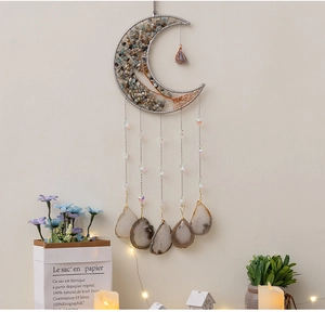 Detailed moon dreamcatcher with tree of life wire art, blue stones and purple crystal charms