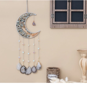 Macro detail of moon dream catcher with tree of life and agate stone wall hanging