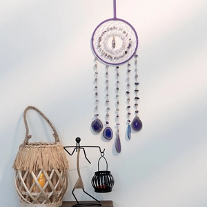 Purple amethyst dream catcher with crystal stones and agate slices for wall hanging