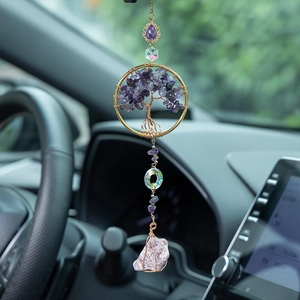 Améthyste Arbre De Vie Pierre De Cristal Attrape Rêves Ornement Suspendu Pour Rétroviseur De Voiture Décoration Murale Violet Or