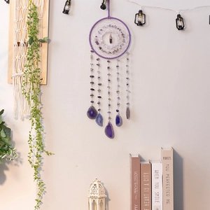 Purple amethyst dream catcher wall hanging with natural agate slices and crystal stone decor