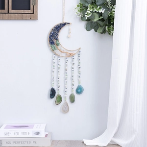 Capteur de Rêves Lune Bohème Arbre de Vie Suspension Murale Tranches d'Agate Naturelle Pierre de Cristal Fait Main Cadre Métal Doré