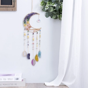 Bohemian Moon Dream Catcher Healing Stone Life Tree Wall Hanging Decor Handmade Agate Slice Metal Ornament Home Bedroom