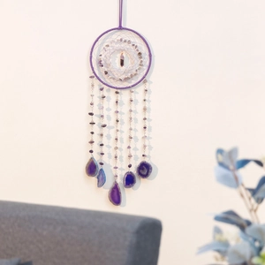 Bohemian purple agate slice dream catcher wall hanging with amethyst crystal stones