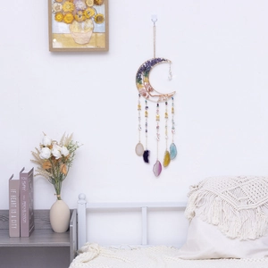 Bohemian moon dream catcher wall hanging with natural crystal stones and agate slices