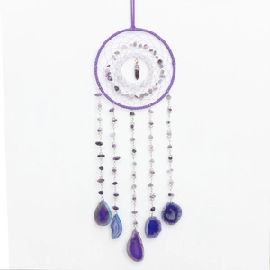 Handmade purple dream catcher with amethyst crystals and translucent agate slice pendants