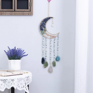 Attrape-rêves lune bohème avec lapis-lazuli et tranches d'agate pour décoration murale