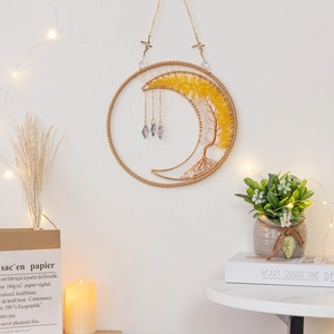 Handmade Tree of Life wall hanging with moon shape, yellow stones and crystal pendants