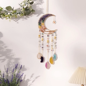 Bohemian moon dreamcatcher wall hanging with colorful crystal stones and agate slices