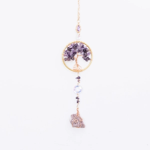 Pendentif de voiture Arbre de Vie en améthyste avec fil doré et cristal de pierre naturelle