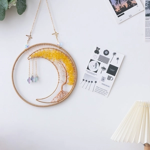 Golden crescent moon and tree of life wall hanging decor with yellow crystals