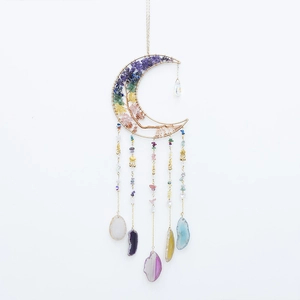 Rainbow crystal moon dreamcatcher with agate slices for home wall decor