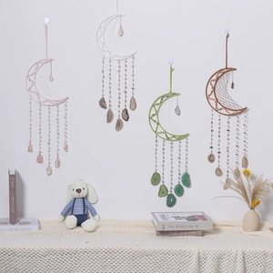 Atrapasueños en Forma de Luna Decoración de Pared Rodajas de Ágata Natural Piedras Hecho a Mano Decoración Bohemia Para Dormitorio Sala Hogar Regalo