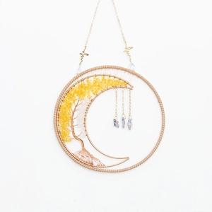 Golden Tree of Life moon hanging ornament with yellow crystals and prisms