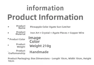 Specifications for handmade crystal suncatcher with agate and 10x10x10cm packaging details