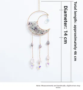 Detailed size chart of a moon-shaped suncatcher showing 14cm diameter and 46cm total length