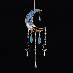 Bohemian crystal tree of life moon pendant with agate slices and golden frame décor