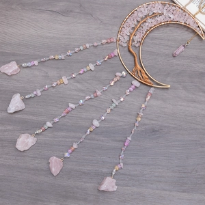 Handmade moon dream catcher with pink crystal tree of life and raw gemstone tassels