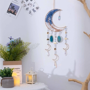 Handmade moon dream catcher with crystal tree of life and agate stone wall decor