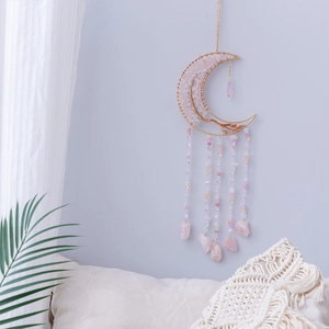 Pink crystal tree of life moon dream catcher with natural stones for wall decor